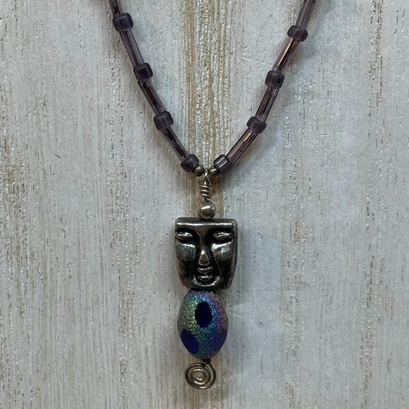 ARTISAN HANDMADE Dark Sterling Silver FACE Pendant on Delicate Beaded Necklace! - Picture 1 of 8